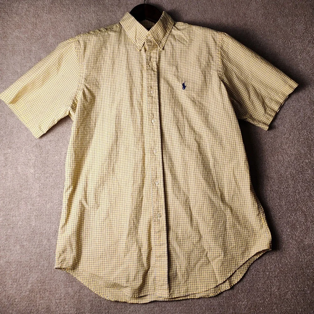 Polo Ralph Lauren Button Down Mens L Yellow Blue Check Short Sleeve Cotton Shirt